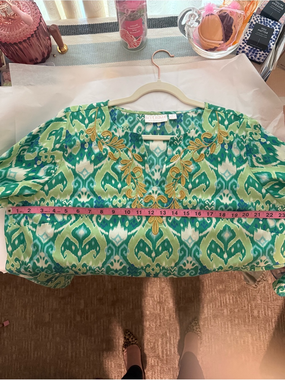 Belle by Kim Gravel Green and Aqua Ikat Tunic with Gold Embroidery - Picture 2 of 3
